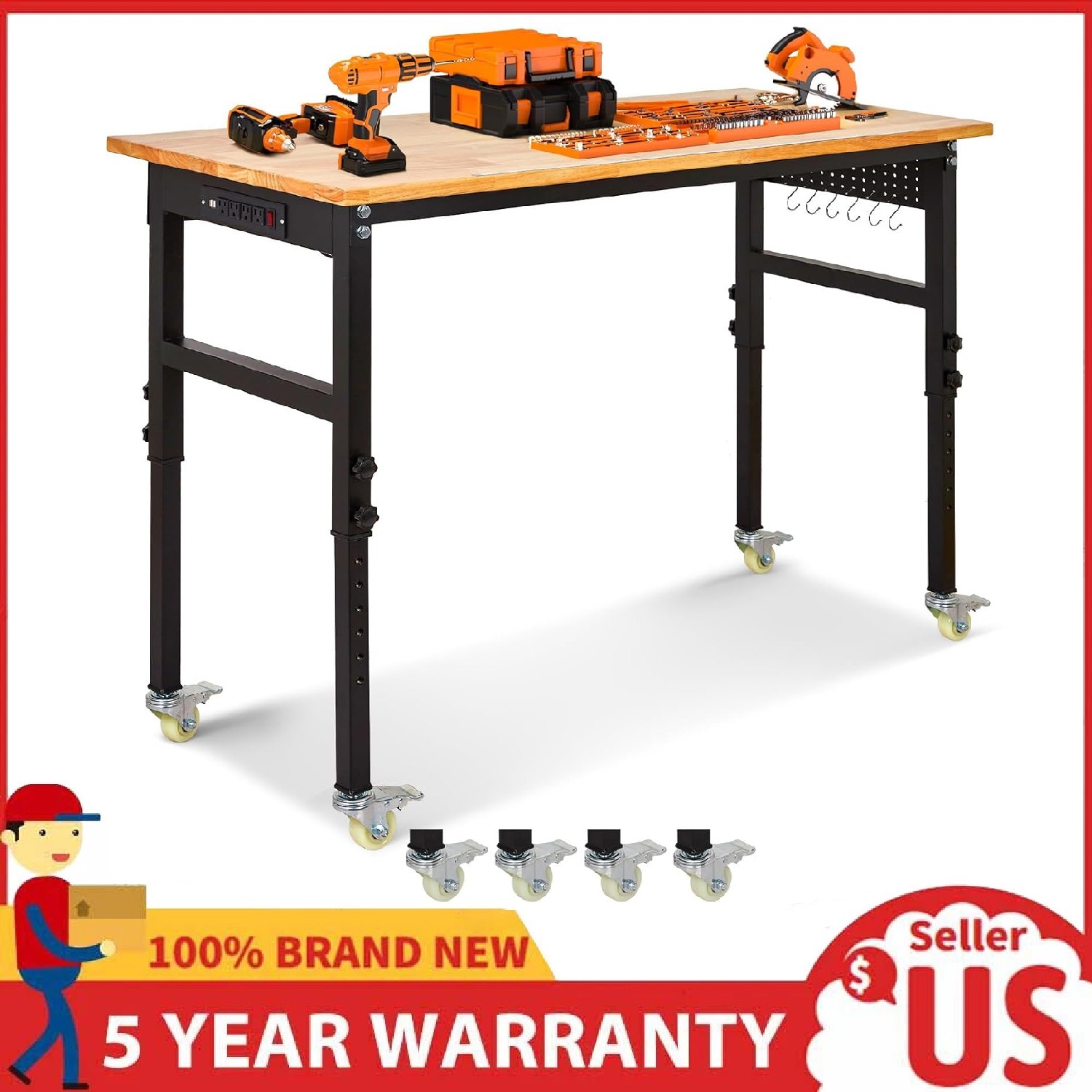Adjustable Workbench with Power Outlets & Pegboard ,Heavy Duty Rubber Wood Table
