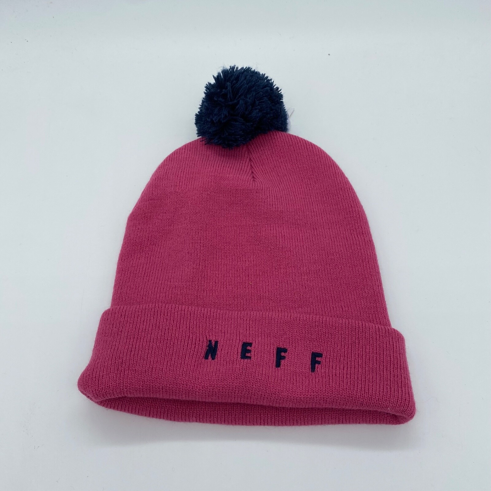 Neff Unisex Cuffed Winter Hat with Pom Warm Solid Pink Neff Logo One Size
