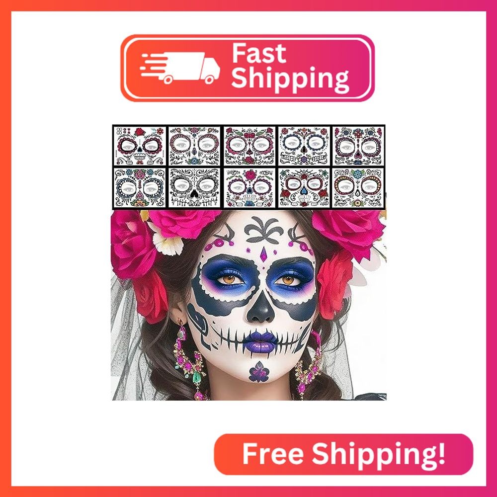 Day of the Dead Face Tattoos 10 Pack Halloween Temporary Face Tattoos Sugar Skul