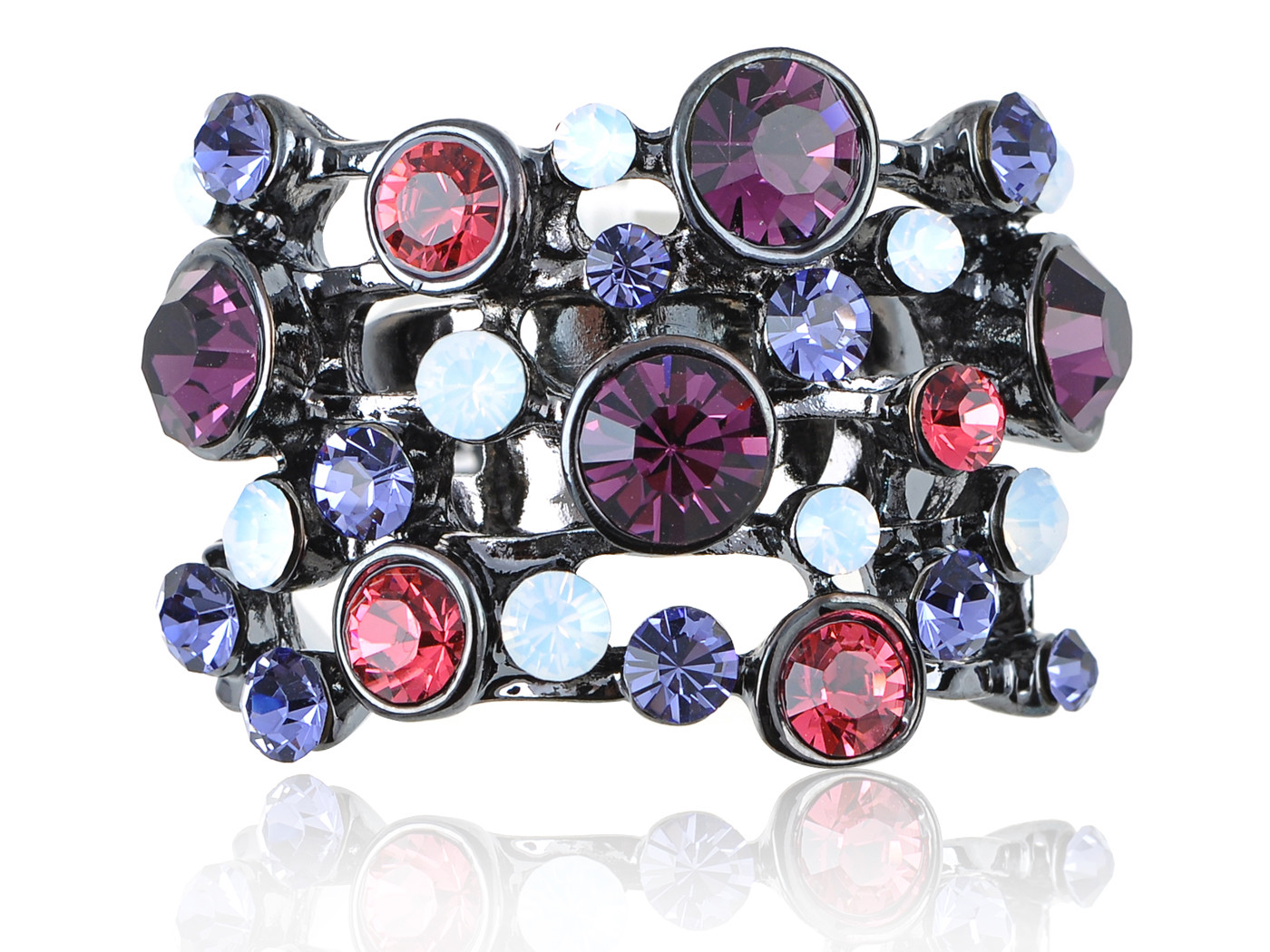 Cute Dark Gunmetal Tone Purple Tones and Stones Cluster Rhinestone Fashion Ring