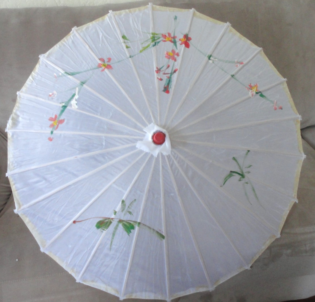 Translucent White Fabric Oriental Flowers Umbrella 32" Diameter Wood Handle