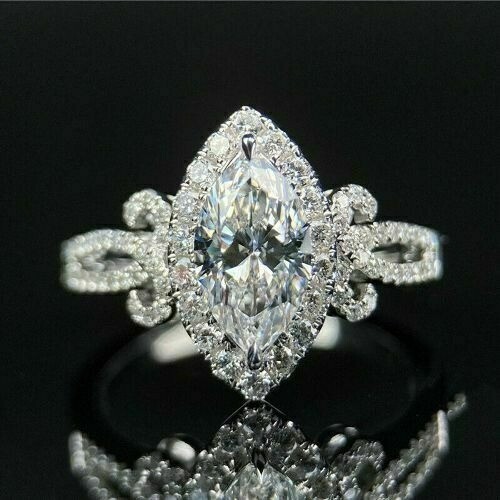 Lab-Created 3.90 Ct Marquise Cut Diamond Engagement Ring 14K White Gold Plated