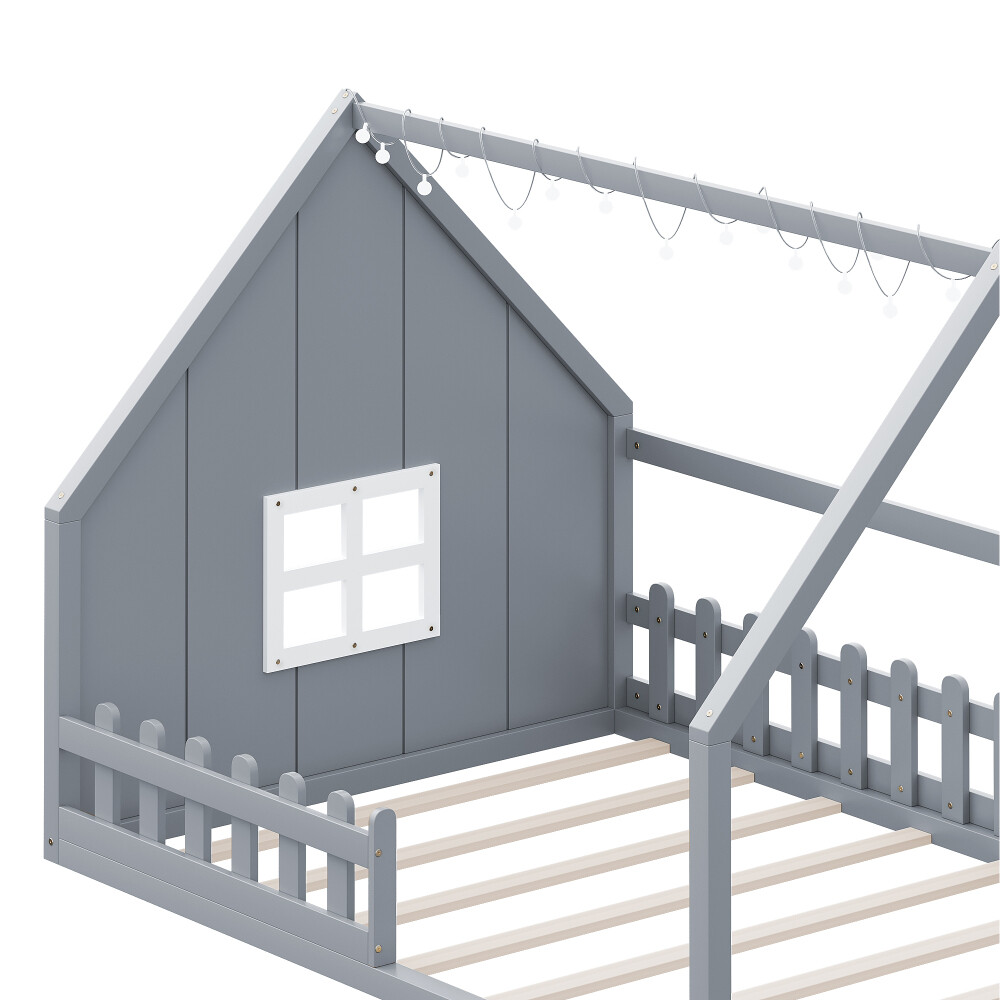 Modern Full Size Bed Frame Wood House Bed with Window and Fence for Bedroom