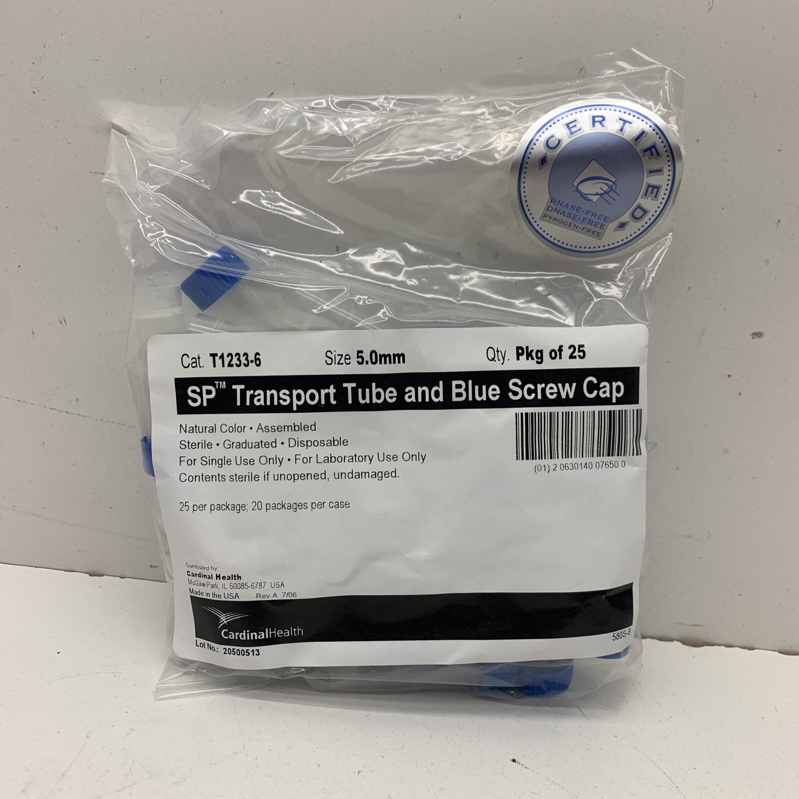 (500Pack) Cardinal Health T1233-6 SP 5.0mm Transport Tube Blue Screw Cap Sterile