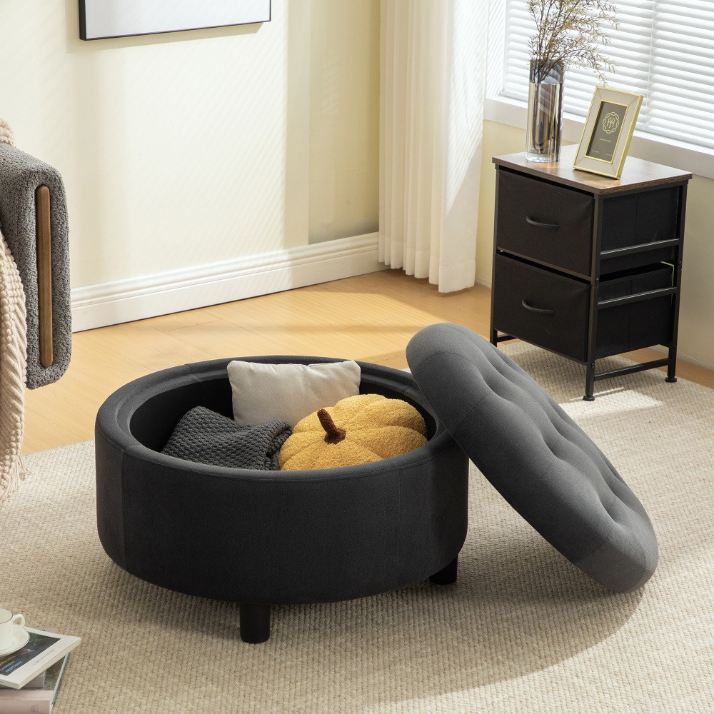 29.33inUpholstered Round Ottoman With Reversible Lid Fleece Fabric Storage Stool