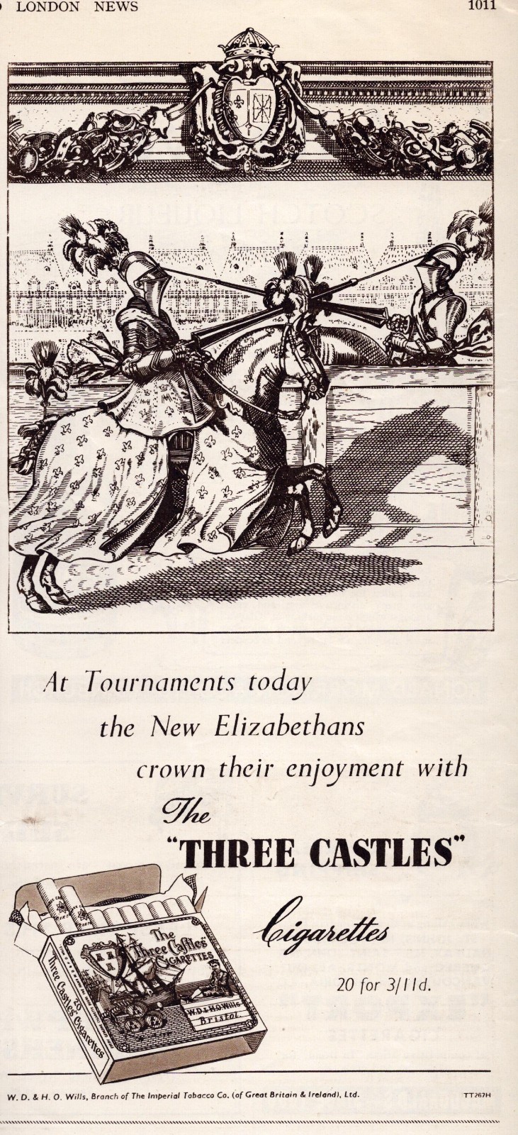 Three Castles Cigarettes Print Ad 1953 W.D. & H.O. Wills Great Britain Jousting