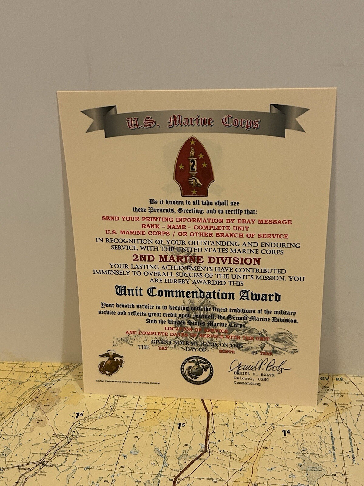 U.S.M.C. / 2ND MARINE DIVISION ~ UNIT COMMENDATION AWARD / CERTIFICATE