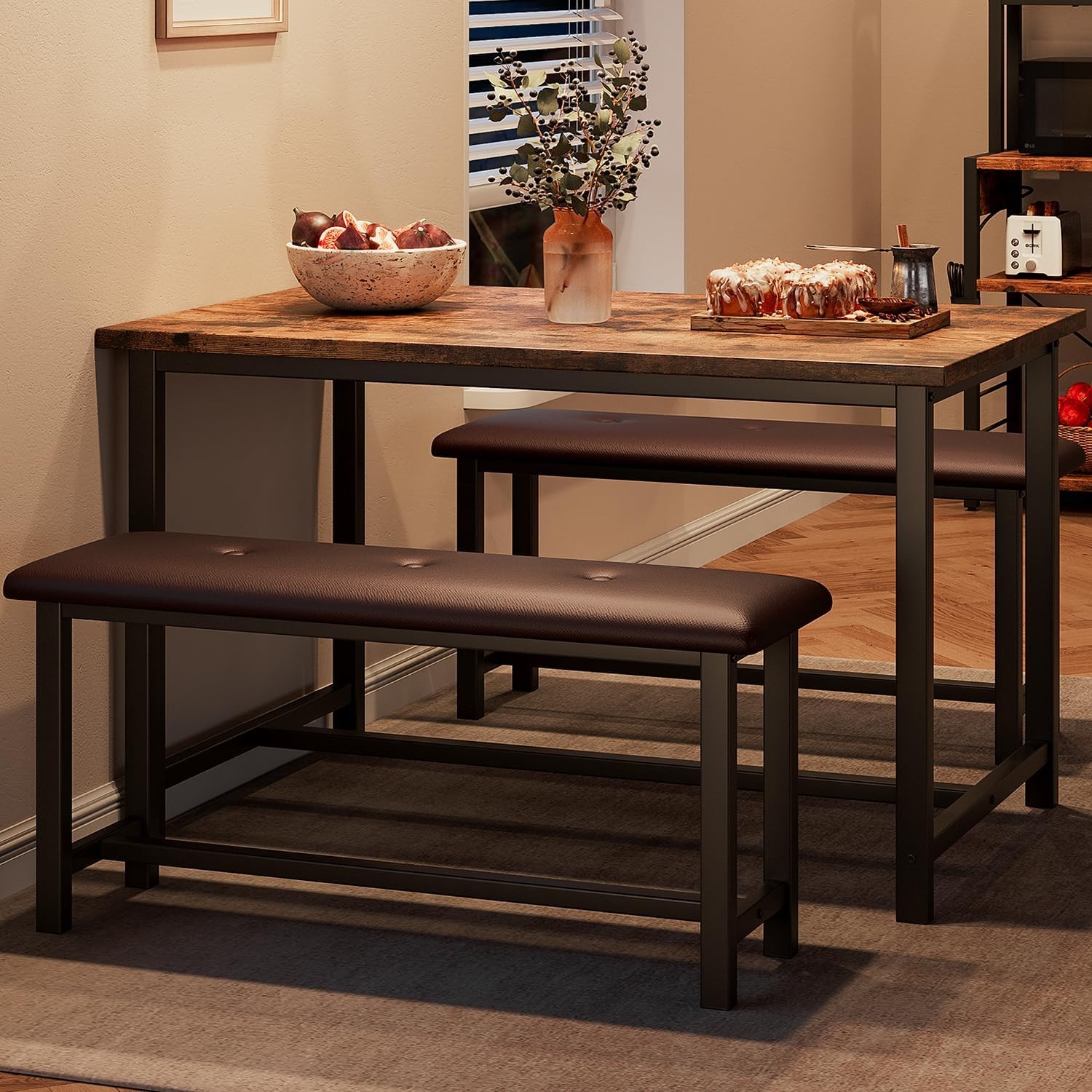 Dining Table Set 4 Kitchen Table W/ Upholstered Bench Rectangular Dining Room