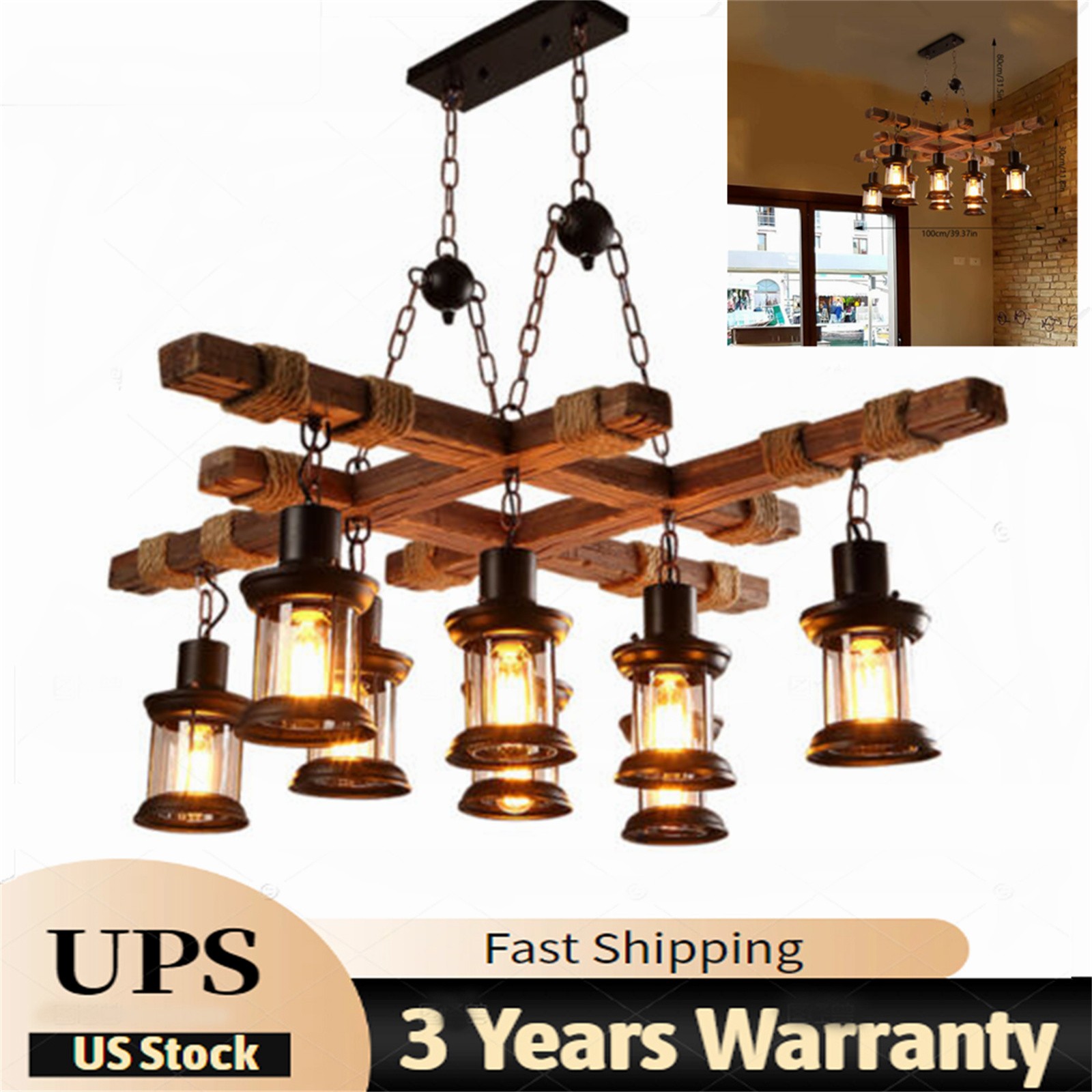 8Light Wooden Farmhouse Chandelier Hanging Lamp Pendant Lighting Ceiling Fixture
