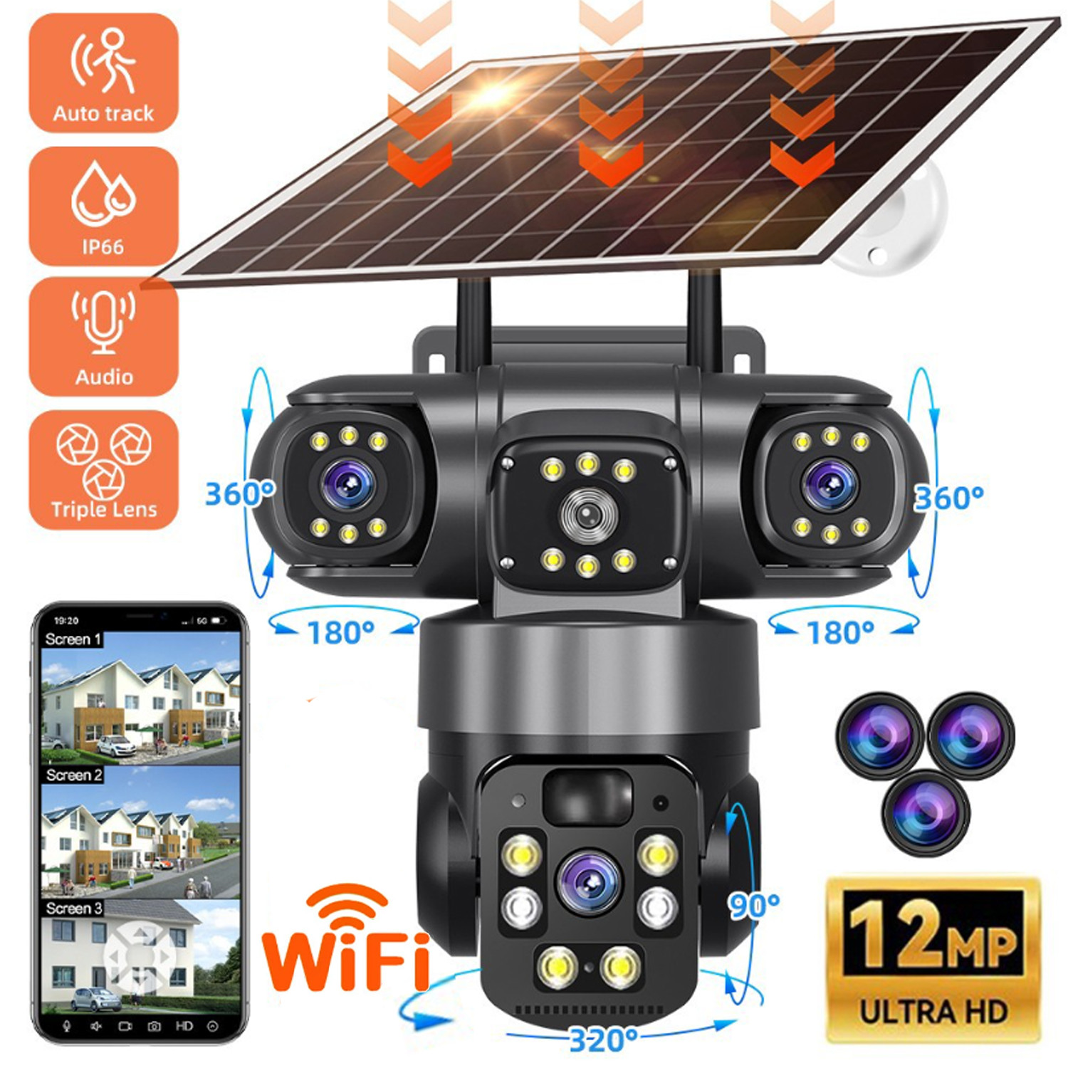 2x 3 Lens 12MP Solar Battery Home Security Camera Outdoor Wifi Wireless PTZ CCTV