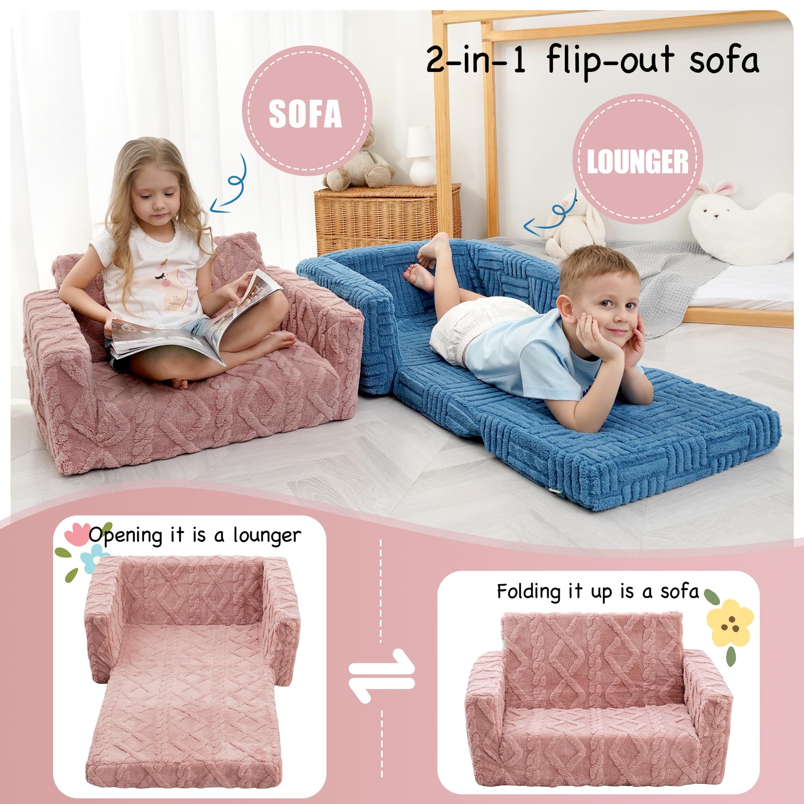 Kids Sofa Toddler Chair 2-in-1 Flannel Kids Fold Out Couch Toddler Convertibl...