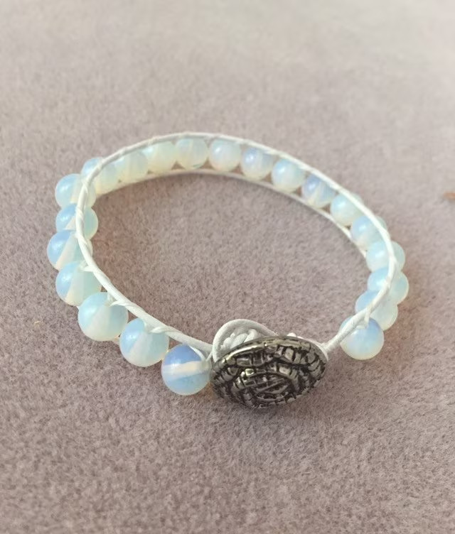 HANDMADE Moonstone Bracelet 8” Single Leather Wrap Bracelet Opalite