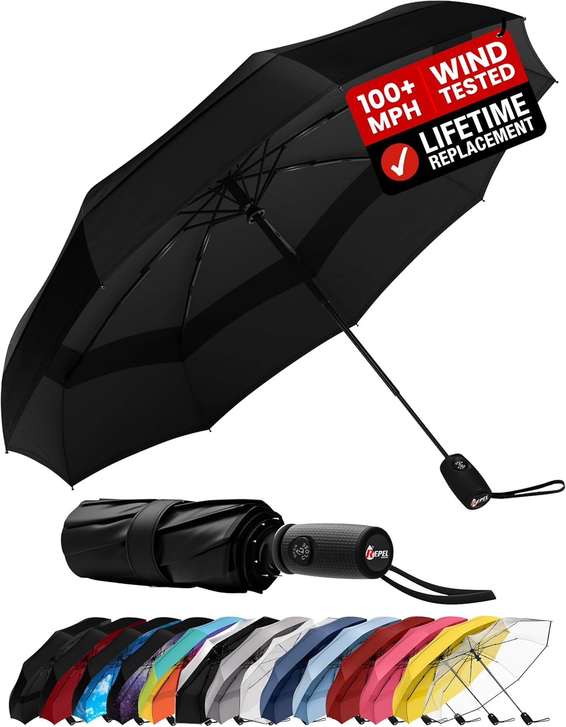 Repel Windproof Travel Umbrella - Compact & Withstands Winds up to 100MPH , Stro