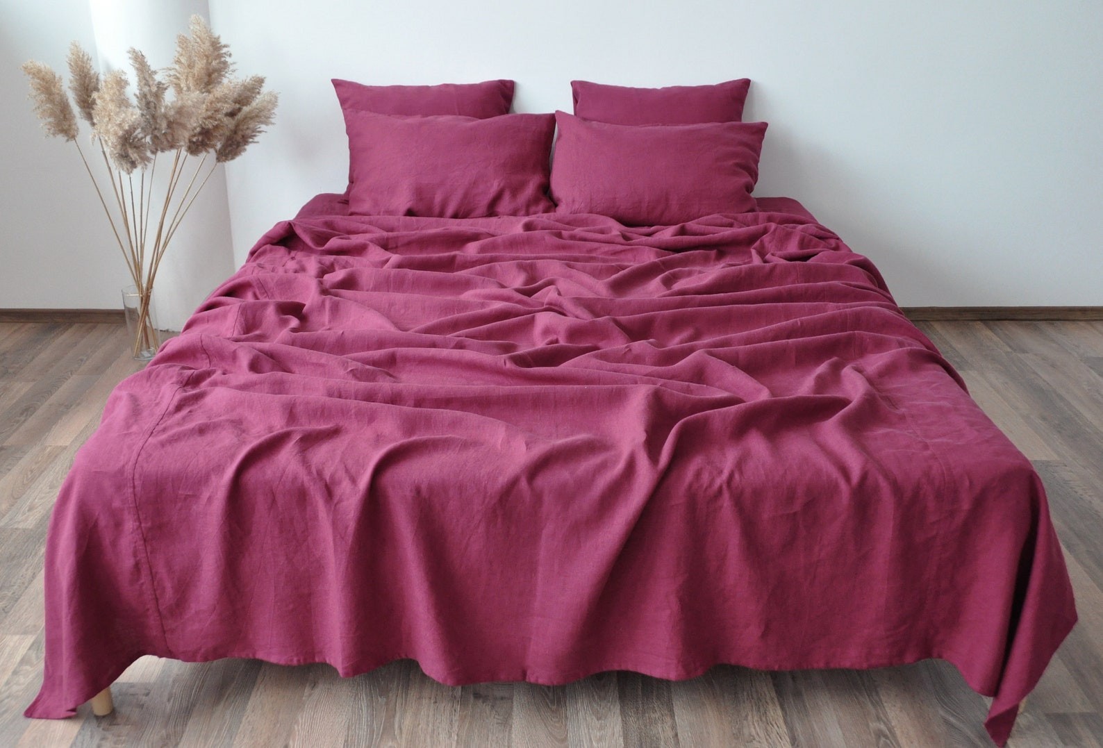 Soft Linen Raspberry Flat Sheet, 100% Linen Bedsheet with 2 Matching Pillowcase