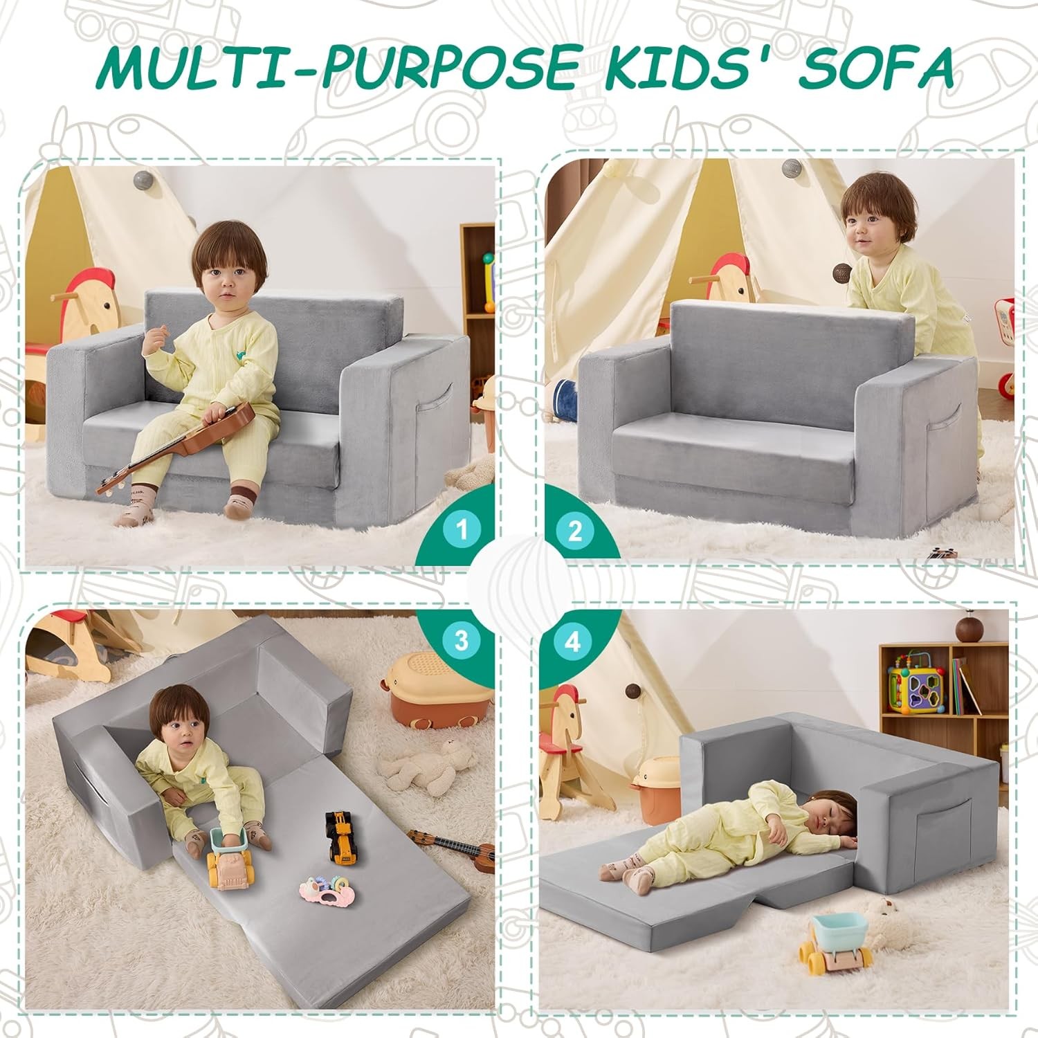 Kids Couch 2-in-1 Toddler Chair Comfy 1-3 Years Convertible Kids Chair Toddler