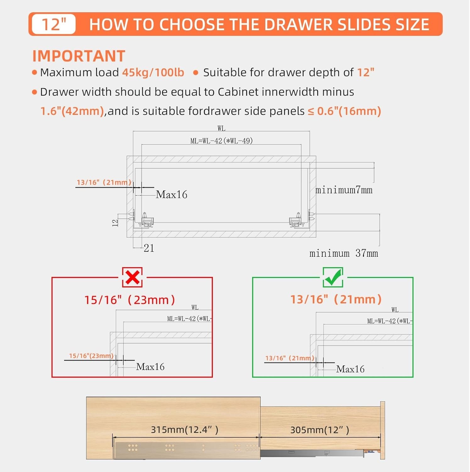 12 Inch Soft Close Undermount Drawer Slides, Concealed Drawer Rails with Rear...