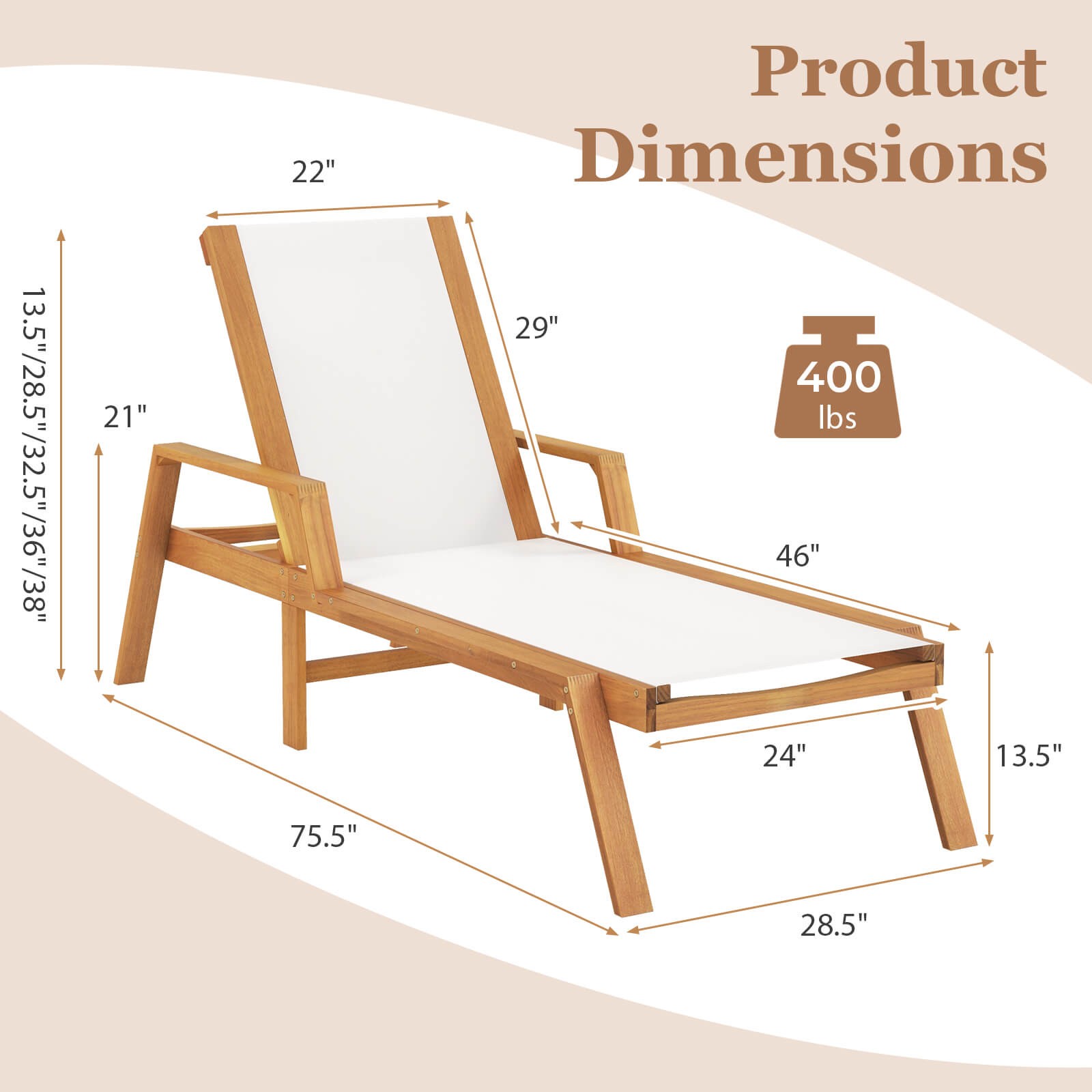 2PCS Outdoor Chaise Lounge w/ Adjustable 5-position Backrest Solid Wood Frame