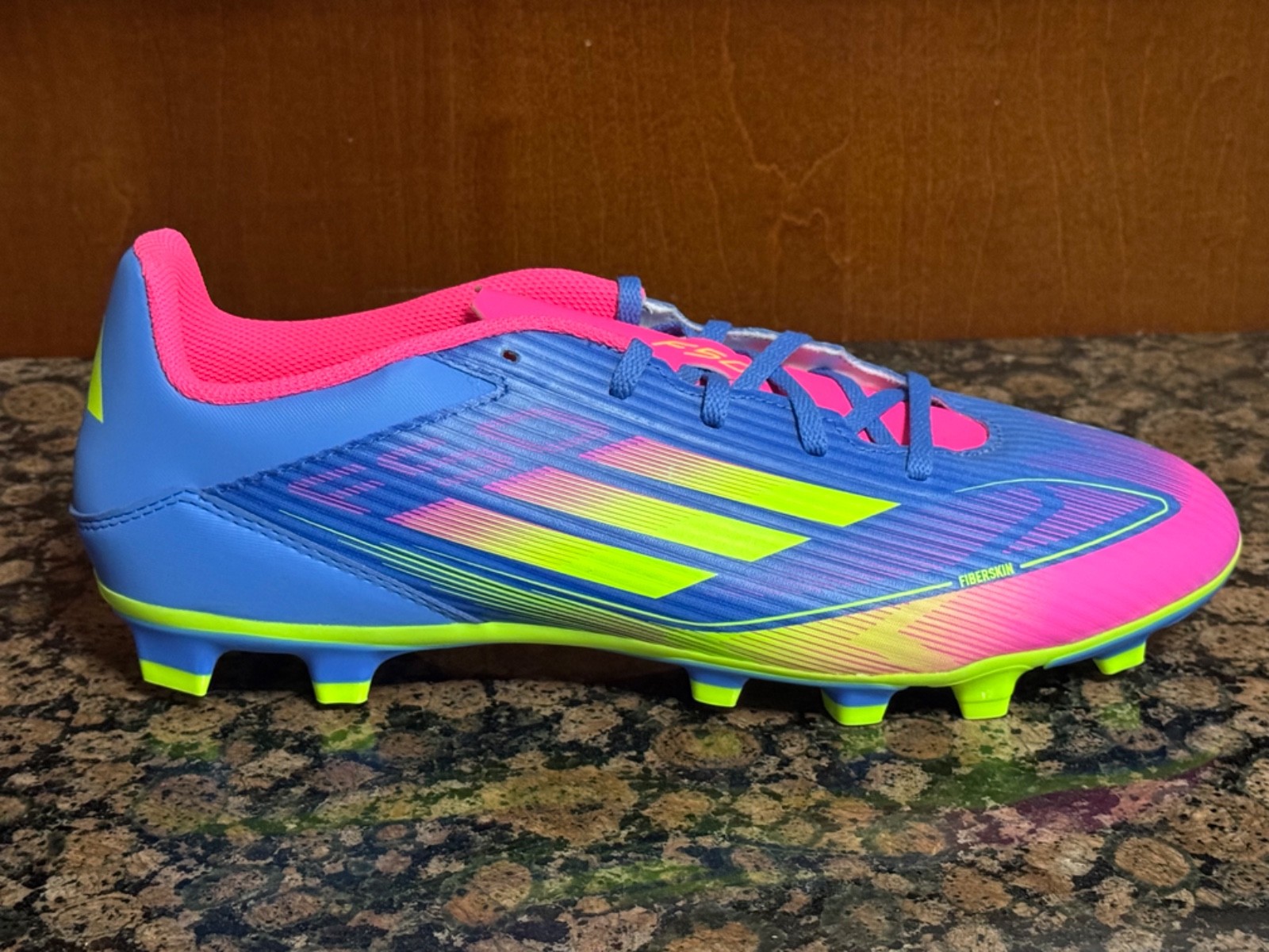 New! Mens US 12 ADIDAS F50 CLUB FG/MG MOLDED SOCCER CLEATS BLUE/YELLOW/PINK