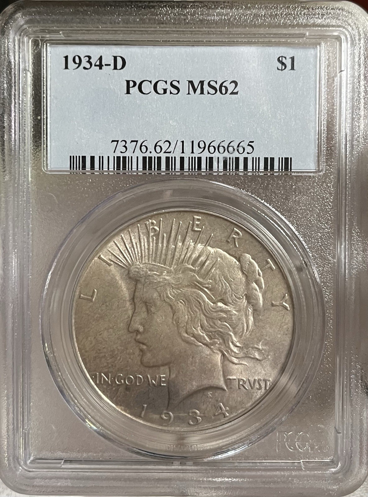 1934-D PCGS MS62 Peace Silver Dollar. Better Date Uncirculated Coin! 🗽🔥