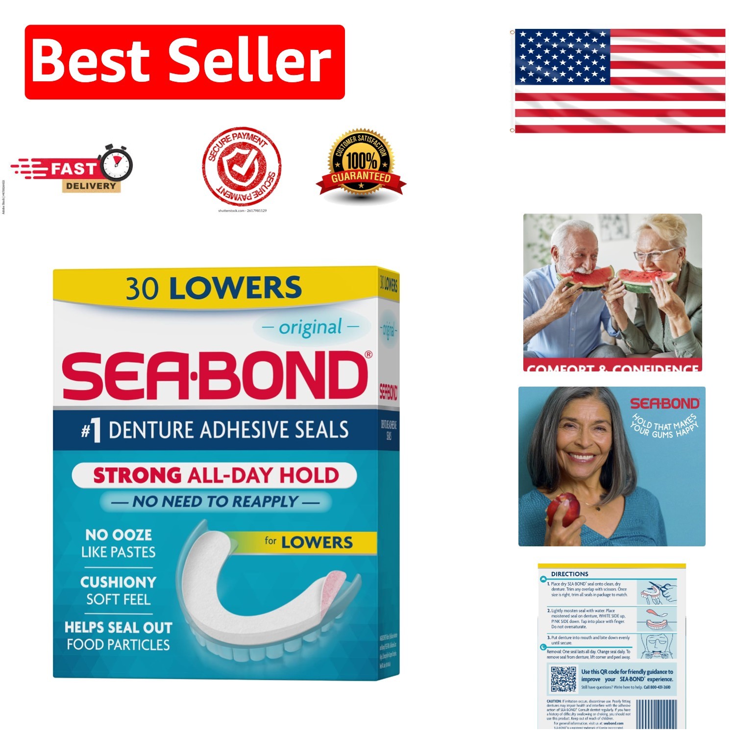 Lowers Denture Adhesive Seals - Mess-Free & Lasting Hold, 30 Pack