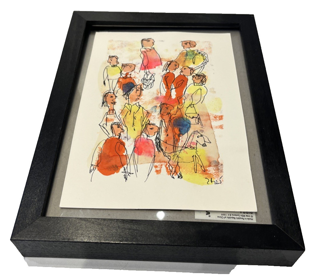 Colorful people people figures drawing paper 21x15 acrylic picture orig sign ZM