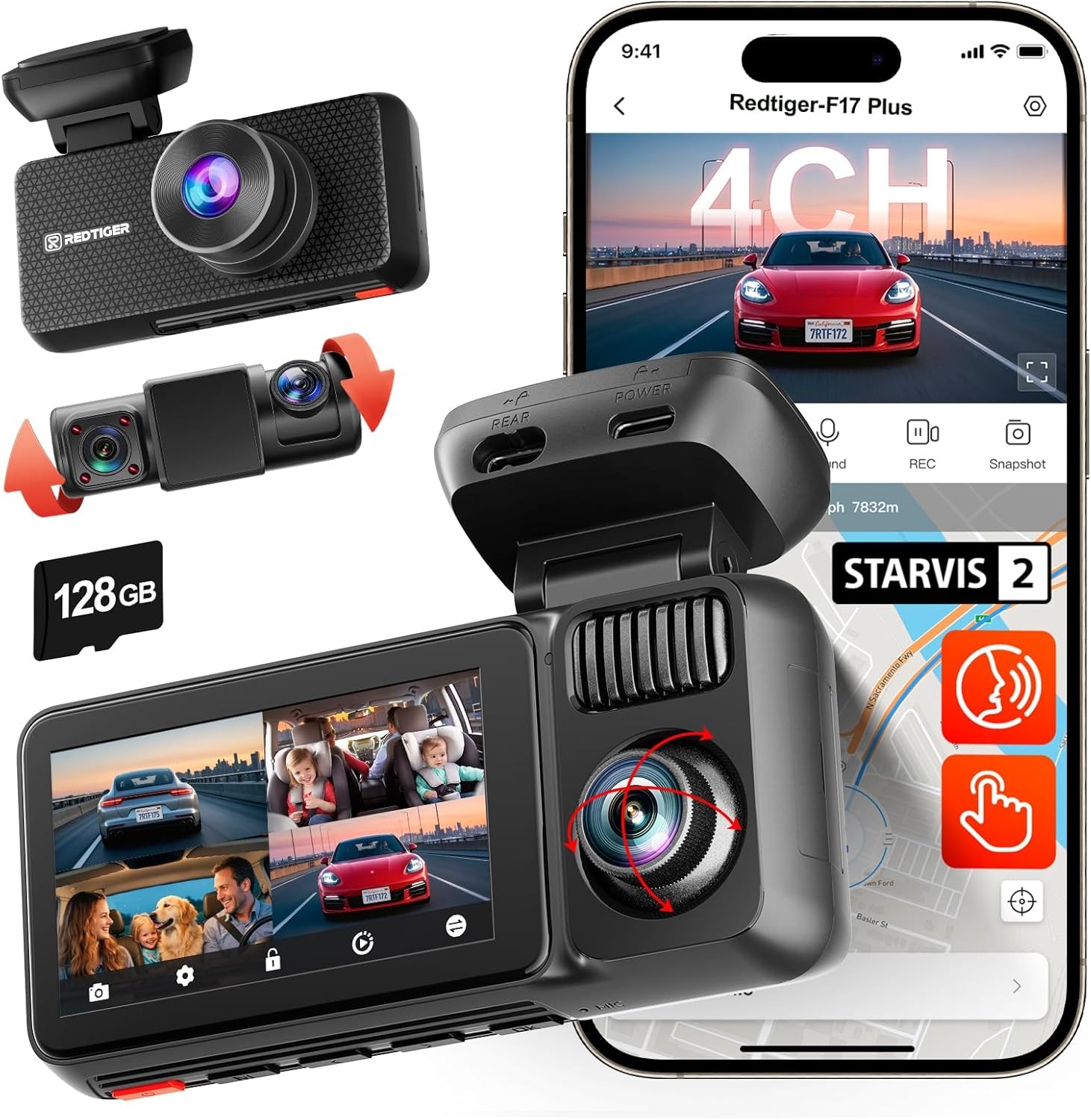 REDTIGER F17 Plus 360° Front Inside & Rear Cabin Dash Cam 4 Channel 2.7K+1080P*3