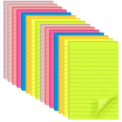 Lined Sticky Notes 4 x 6 Inches, 15 Pads, 375 Sheets Total, 7 Bright Colors,
