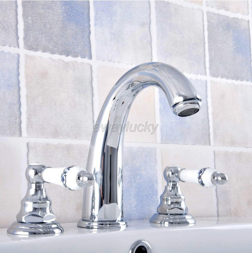 Polished Chrome Dual Ceramic Handle Bathroom Widespread Vanity Sink Faucet