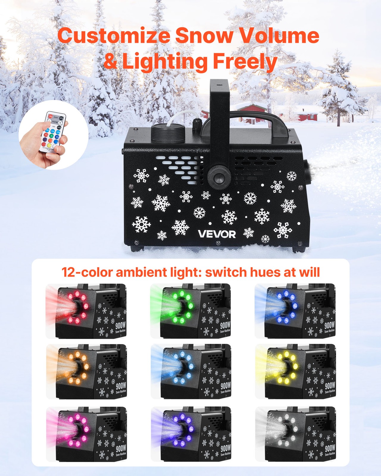 VEVOR Snow Machine 900W Handheld Hanging LED Snow Maker Wireless Remote Control