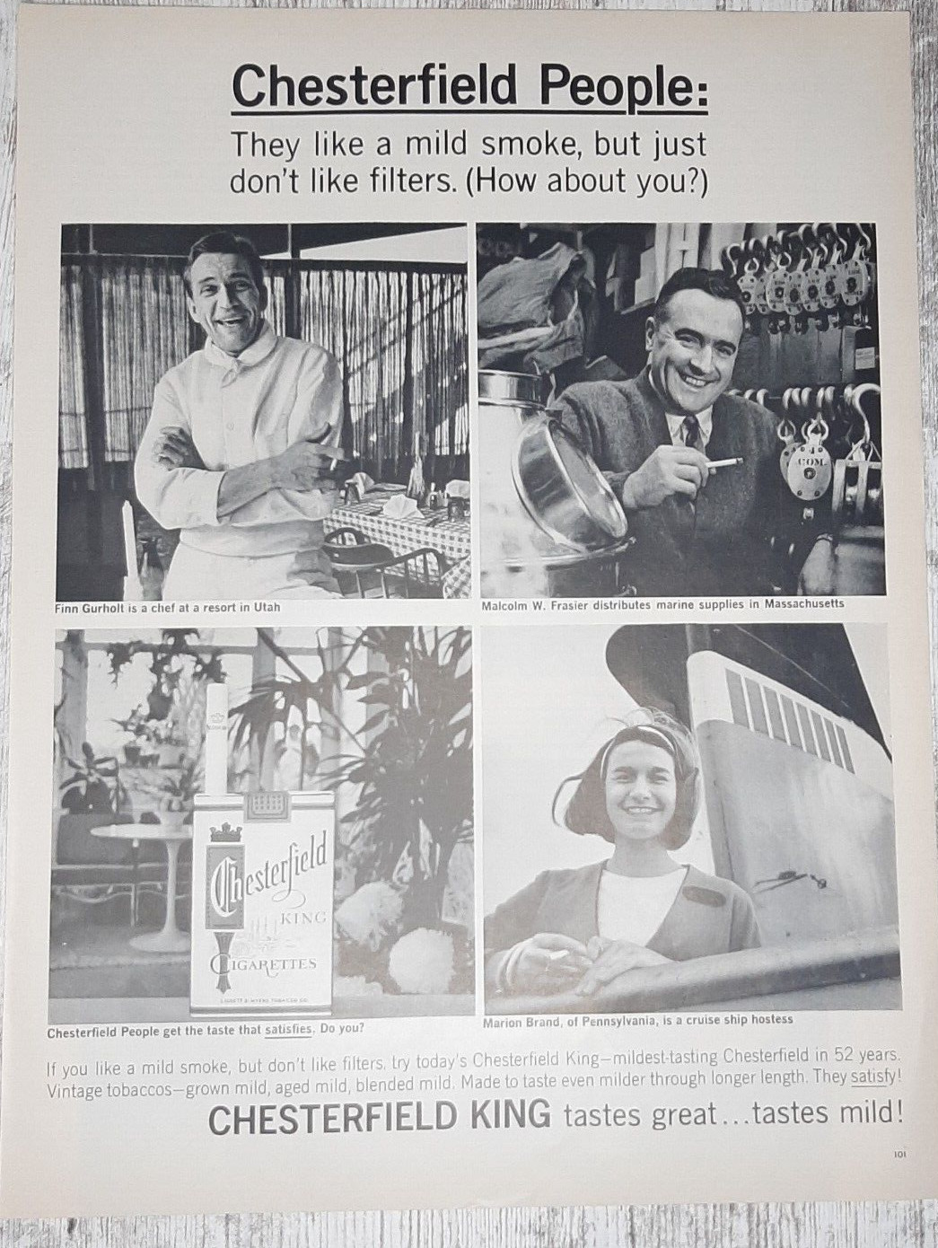 1965 Chesterfield Vintage Print Ad Cigarette Tobacco King Mild Chef Salesman B&W