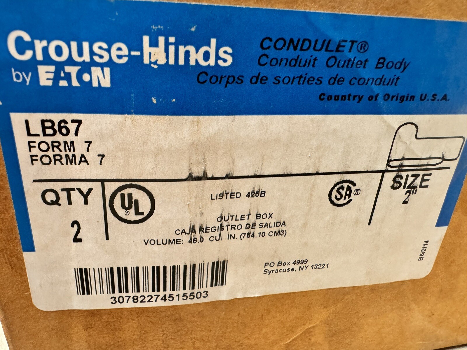 New Box of 2 Eaton - LB67 SA - 2" Form 7 Condulet - LB Shaped Conduit Body