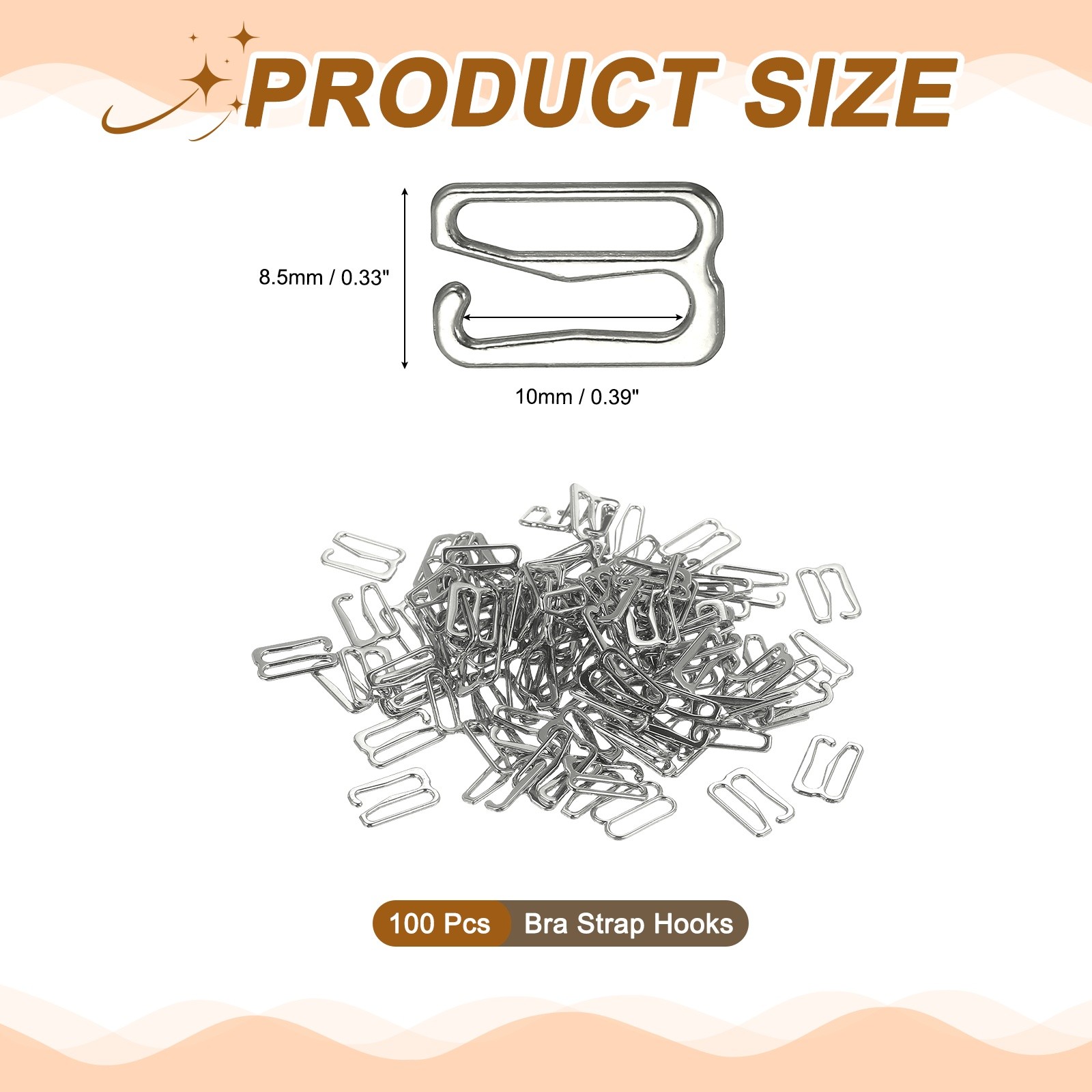 100Pcs Bra Hooks for Straps 10mm 9 Shaped, Silver