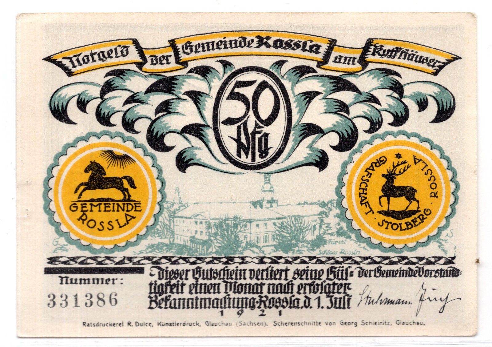 1921 Germany Rossla Notgeld 50 Pfennig Note (1770)