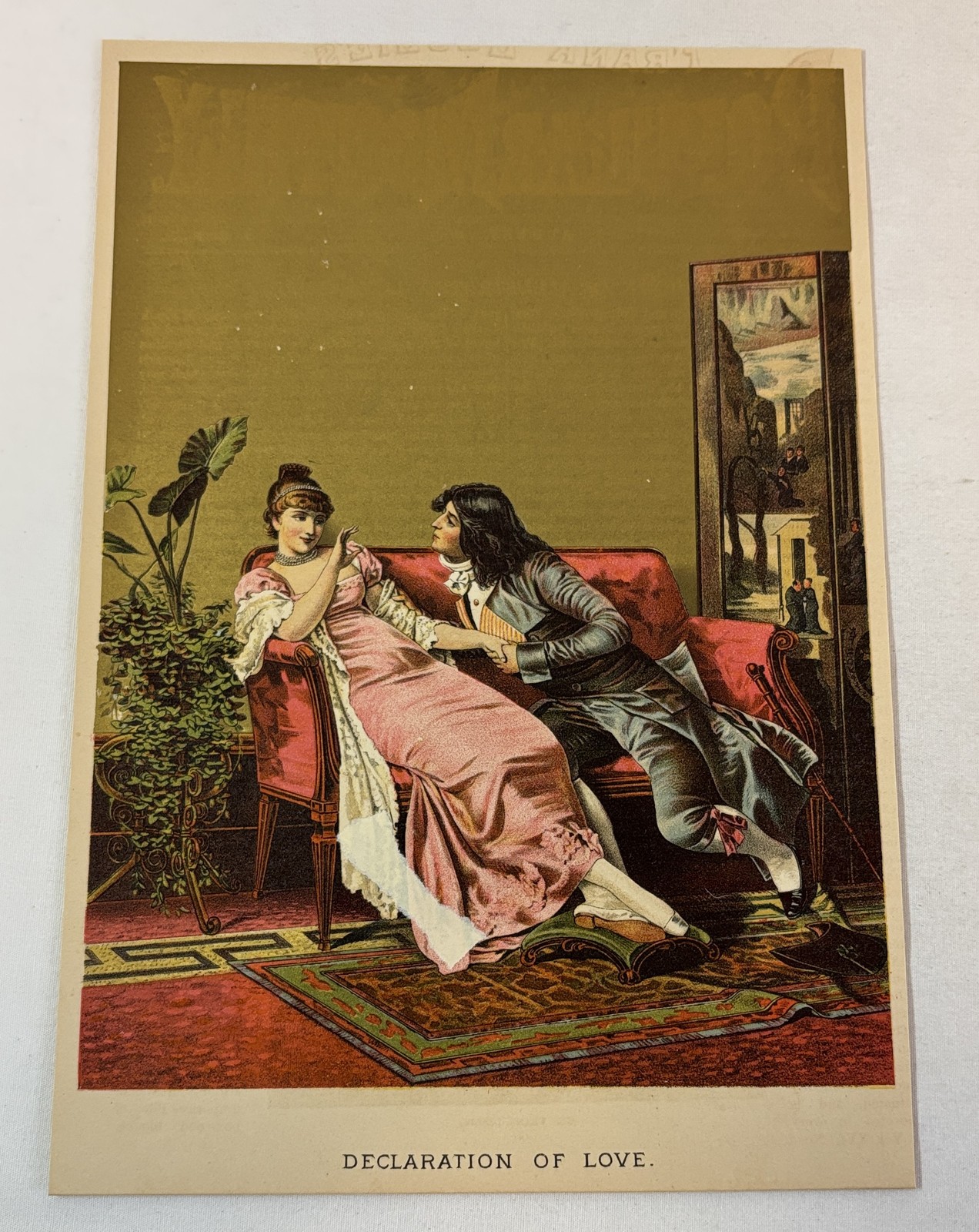 1883 lithograph ~ DECLARATION OF LOVE courting couple on the sofa