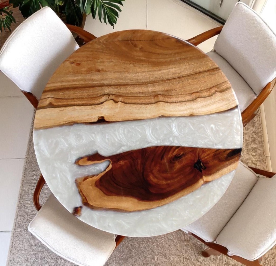 White Resin River Live Edge Dining Table | Handmade Solid Wood Epoxy Table