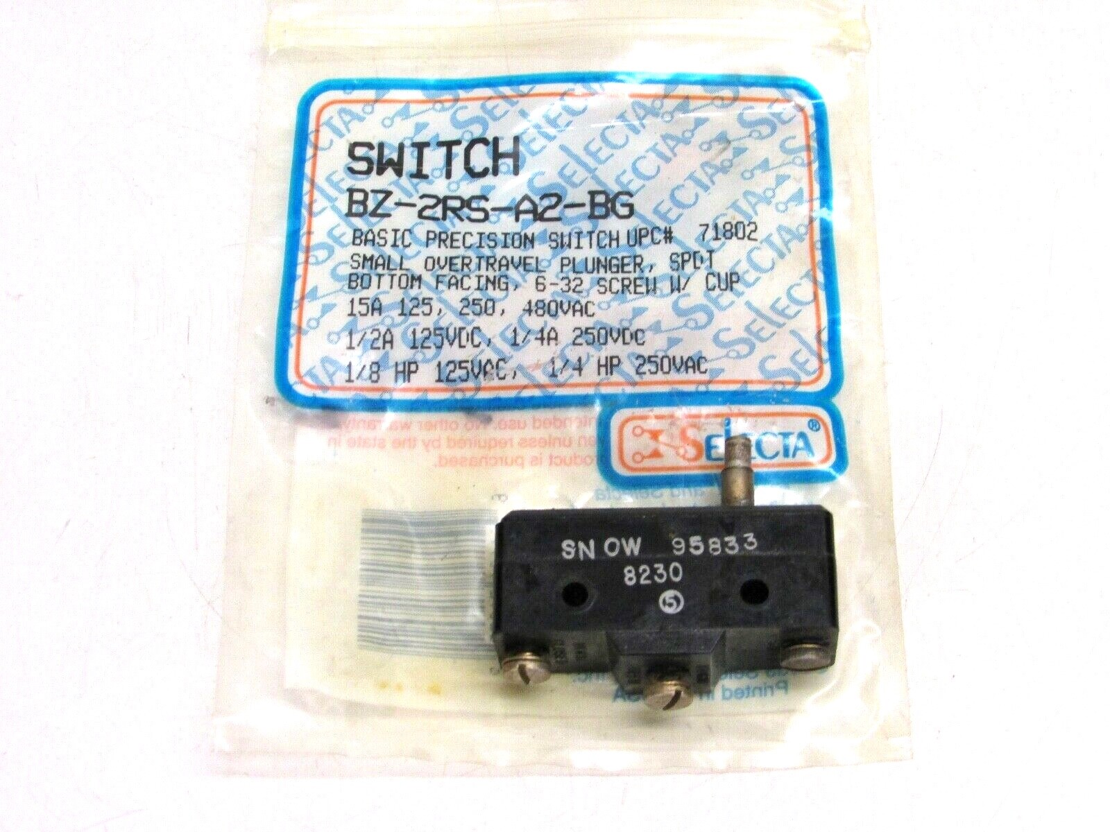 NOS! SLECTA MICROSWITCH, SMALL OVER TRAVEL PLUNGER, BZ-2RS-A2-BG