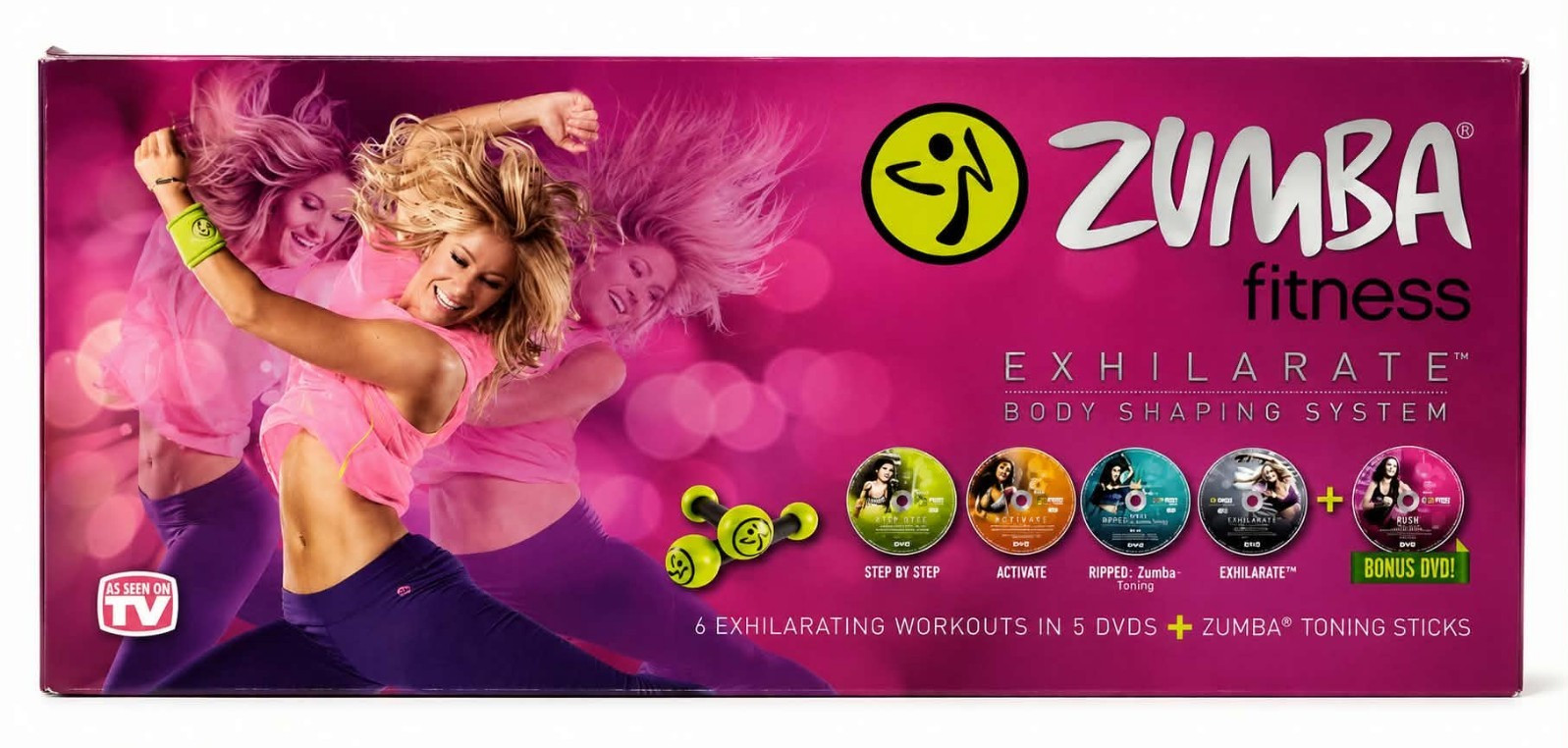 Zumba Exhilarate Body Shaping System 5 DVDs Toning Sticks Bonus DVD