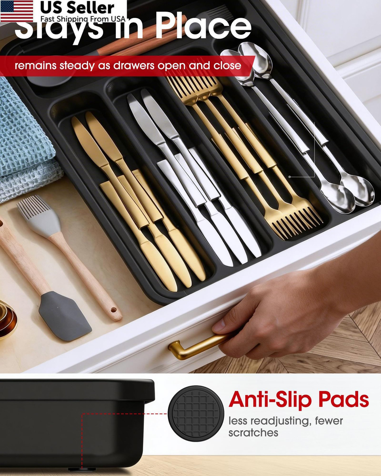 Aujen Silverware Organizer - Expandable Kitchen Drawer Medium, Black