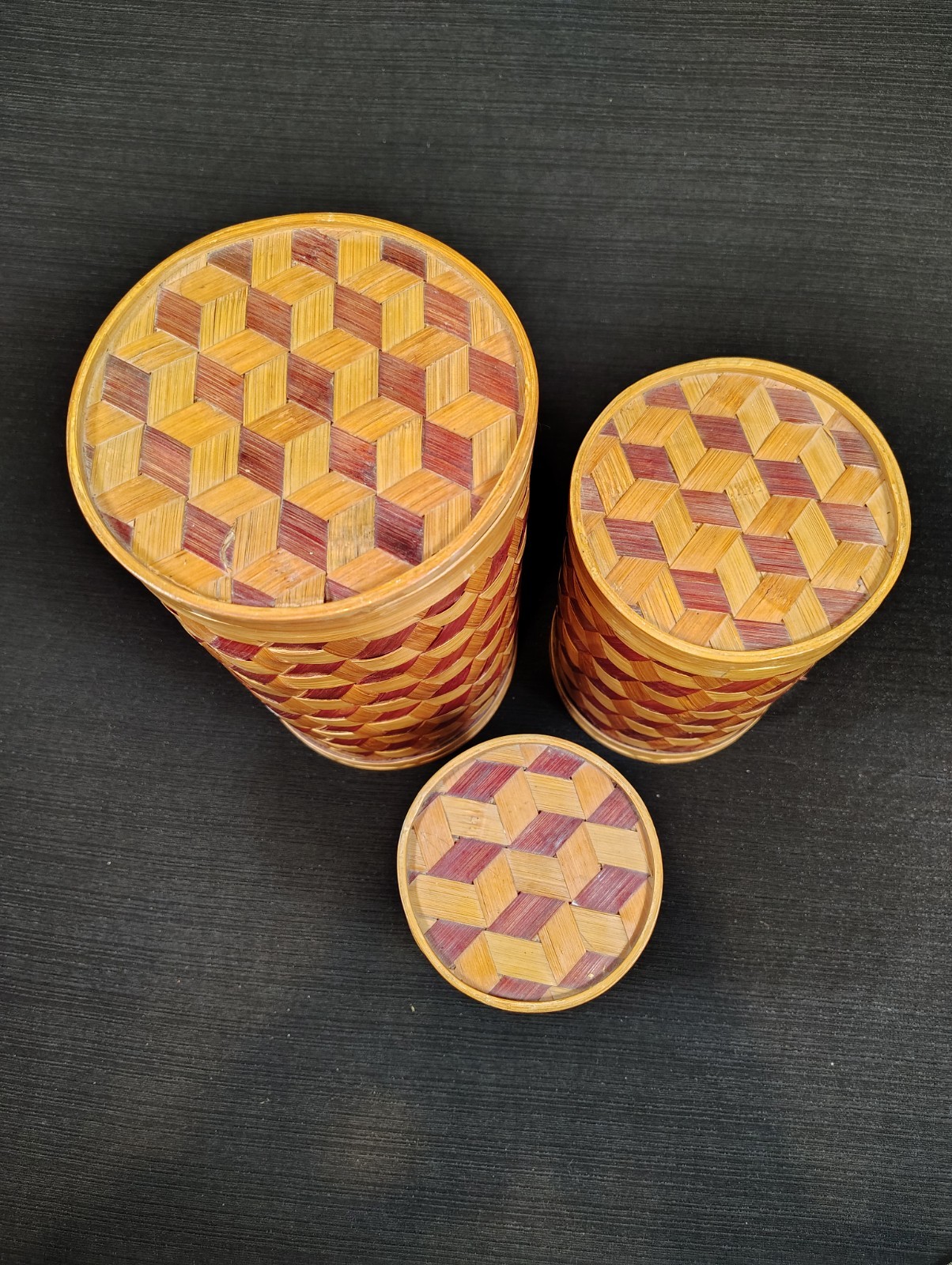 VTG, Woven Bamboo, Nesting Containers W/ Lids, Geometric, Baskets, Storage, Art