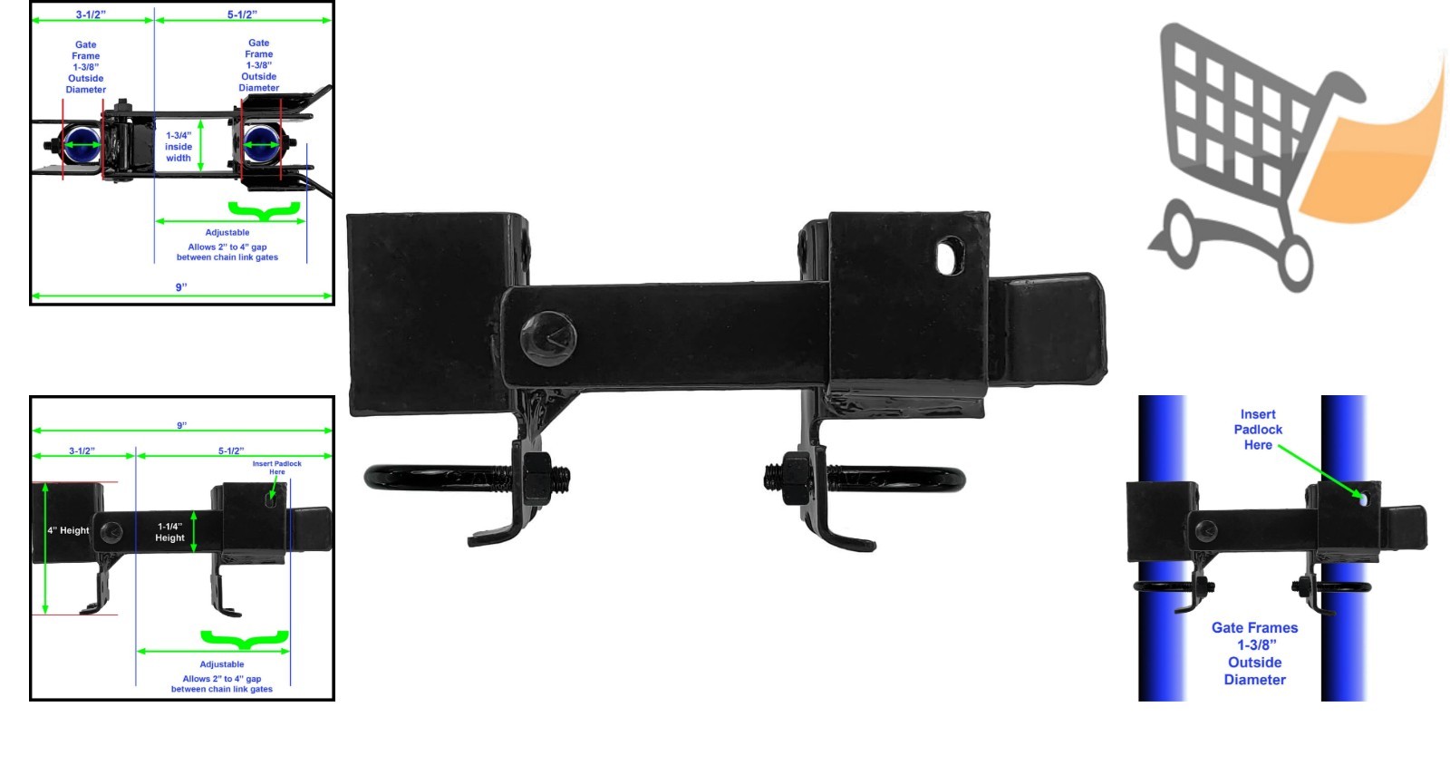 Black Chain Link Arm Double Gate Latch for 1-3/8" Gate Frames, Heavy Duty
