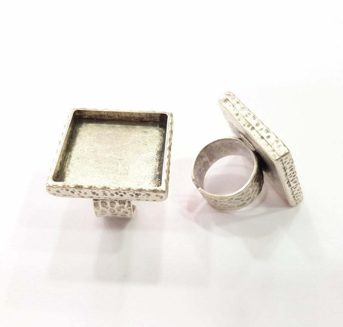 Hammered Square Ring Blank Base Bezel Setting Adjustable Antique Silver