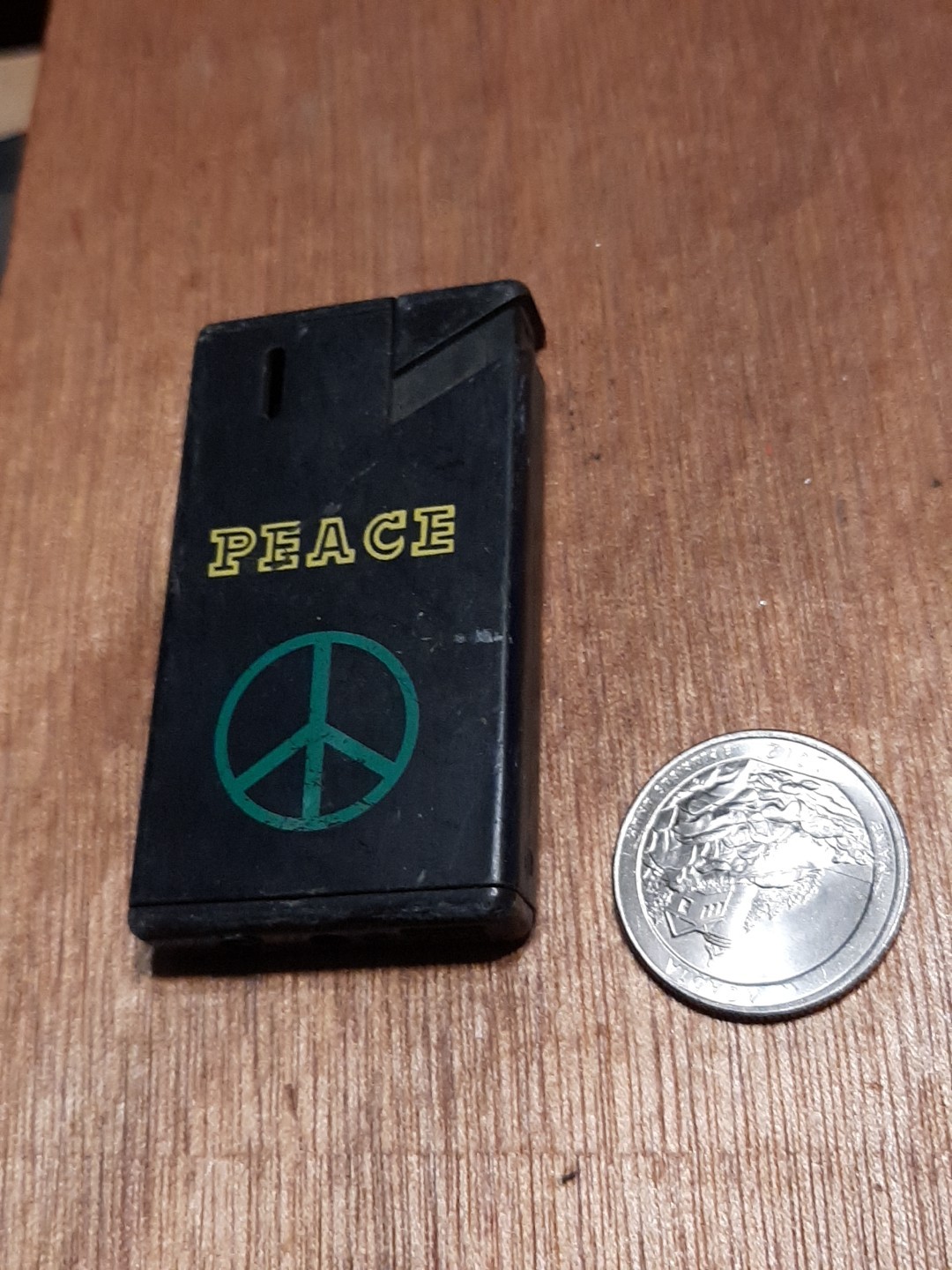 Vtg Peace Sign Lighter Extra Thin ForPartsOrRepair Metal Black Kostar RARE I74