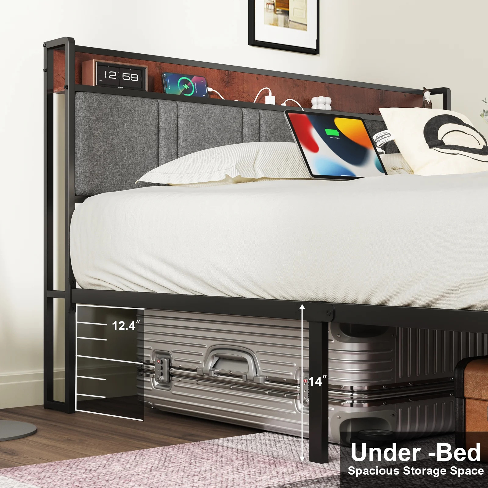 Queen Bed Frame, Platform Bed Queen Size with Charging Station and Storage Uphol