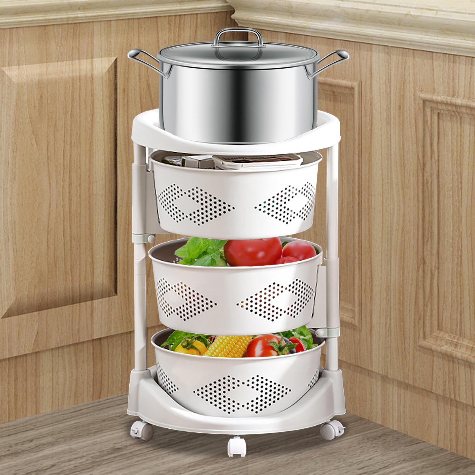Storage Basket With Wheels Vegetable Rotating Basket Rack Kitchen Organizer New