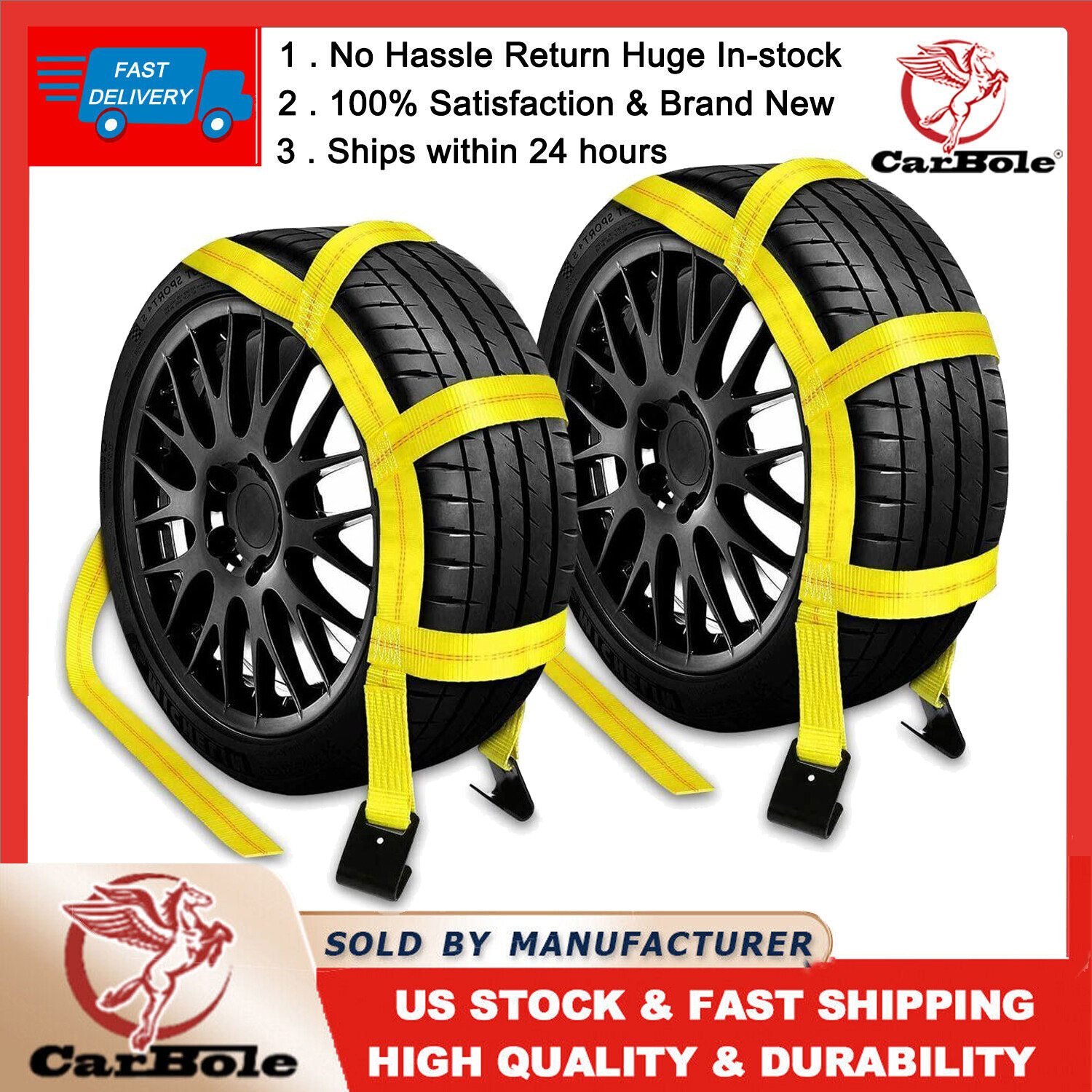 Set of 2 Tow Dolly Straps Basket Strap w/ Flat Hook Heavy Duty Yellow Car Tire