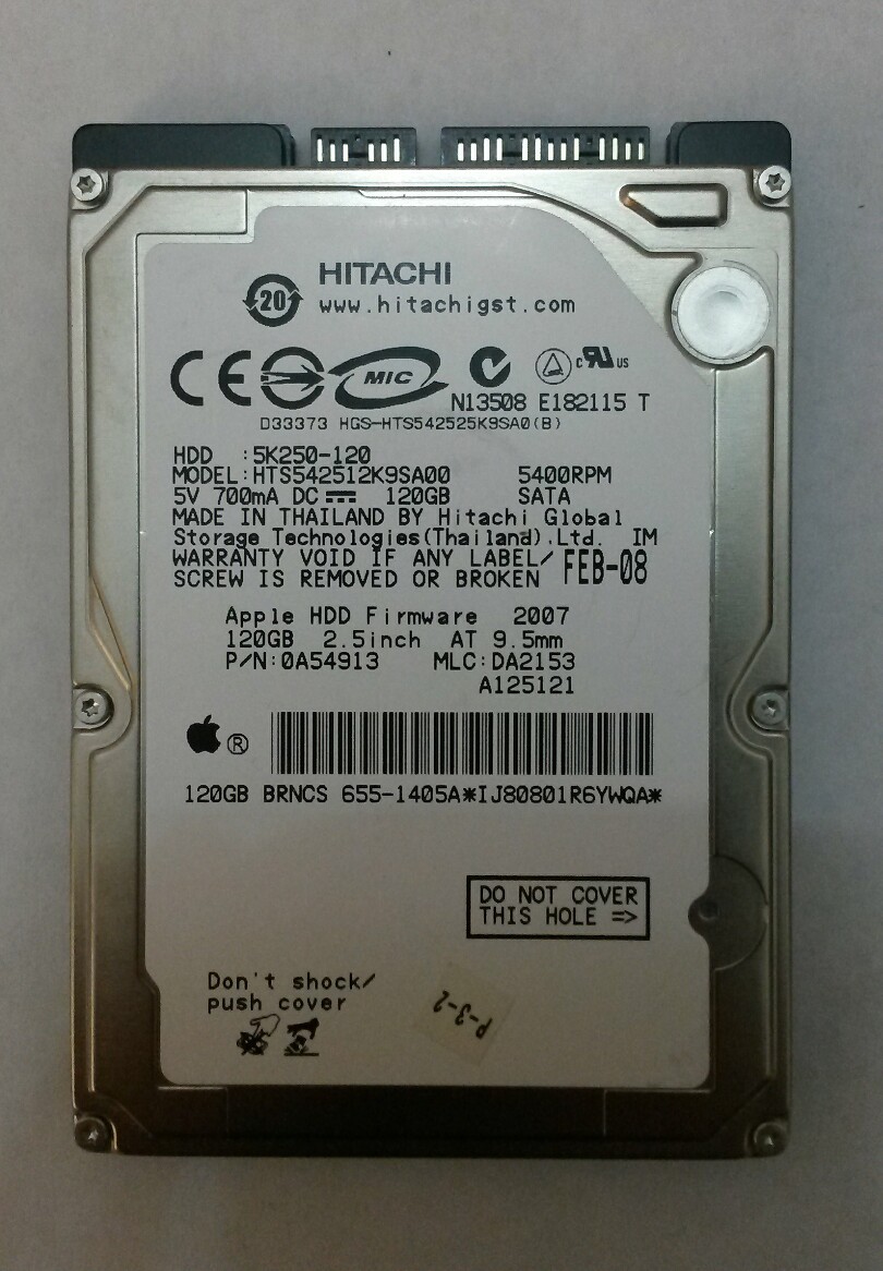 HITACHI HTS542512K9SA00 120GB SATA 5400 RPM P/N:0A54913 MLC:DA2153 F/W:2007