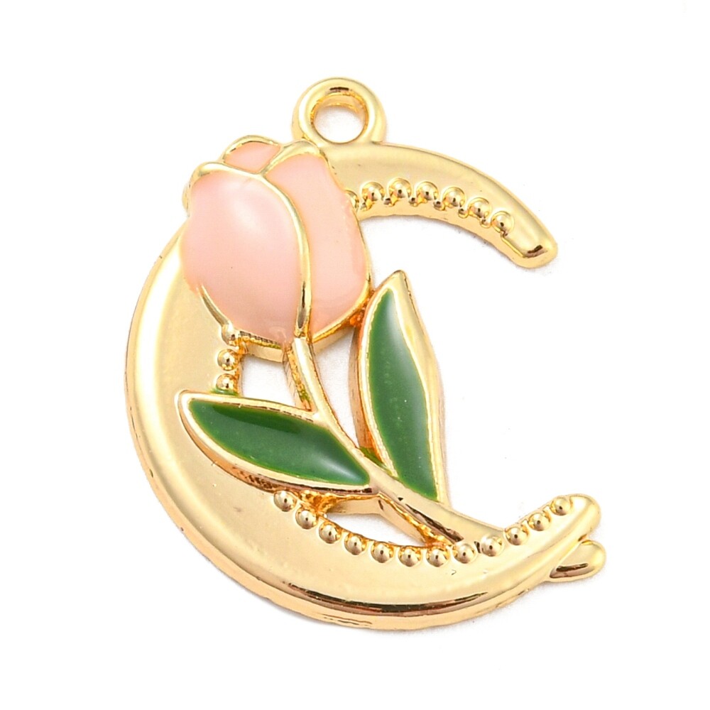 40x Enamel Moon with Rose Celestial Flower Charm Pendants for DIY Jewelry Making