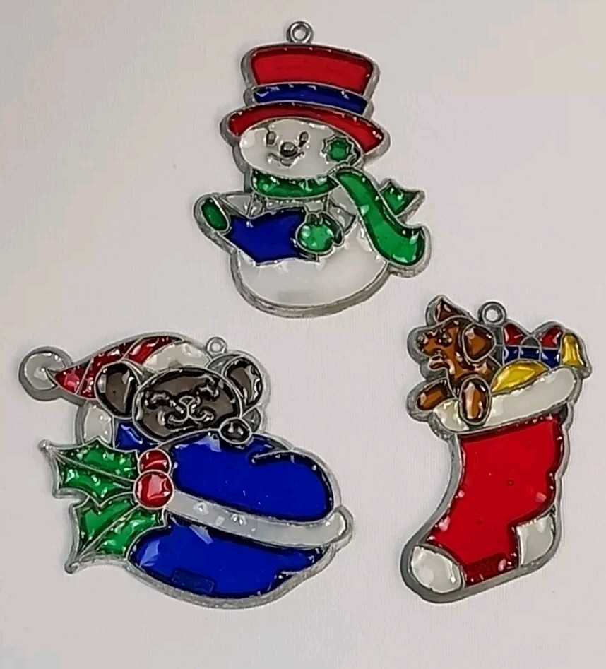 3 Sunlights Christmas Window Decor Sun Catcher Stained Glass Effect VINTAGE