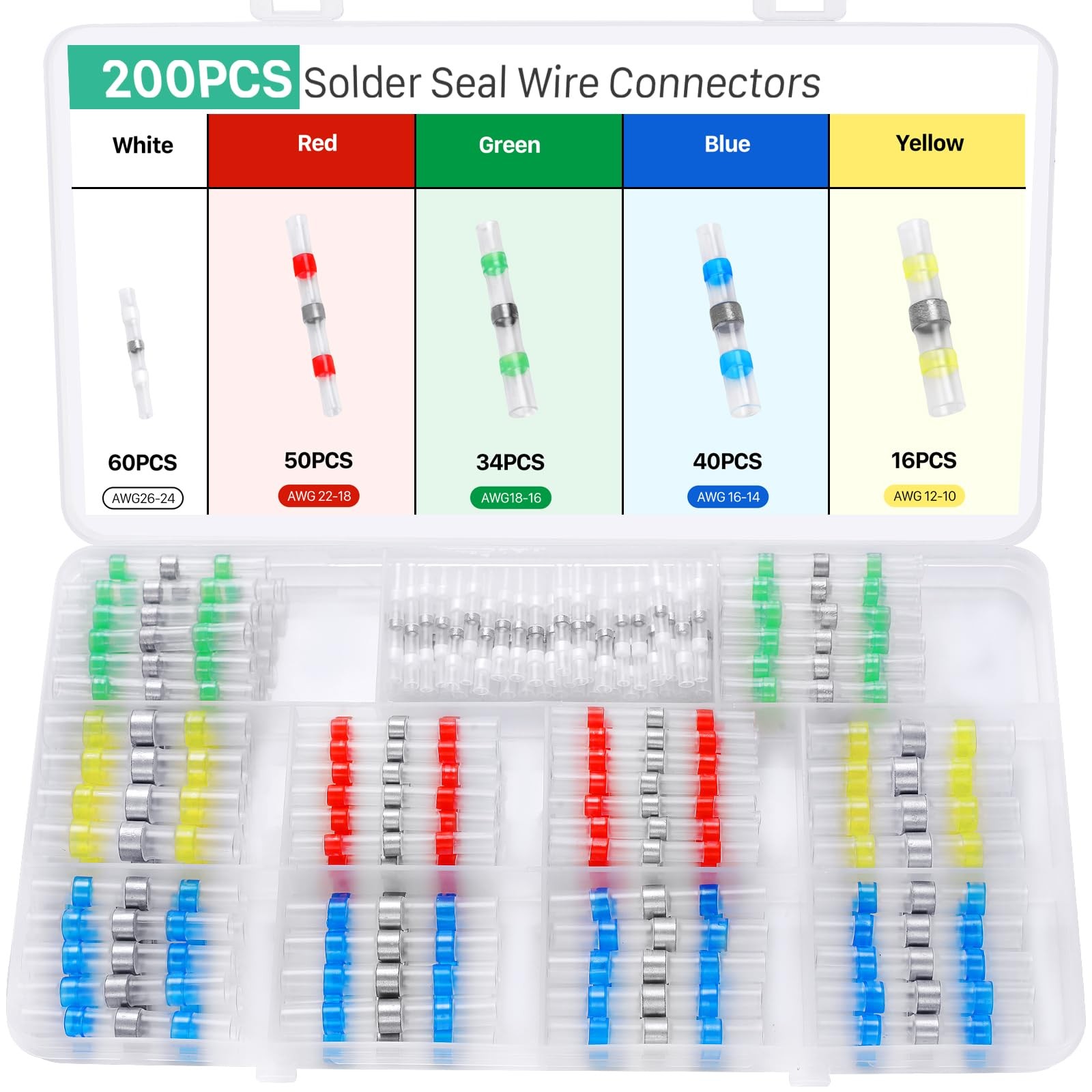 YNZDRWA 200PCS Solder Seal Wire Connectors WHITE, RED, BLUE, GREEN, YELLOW