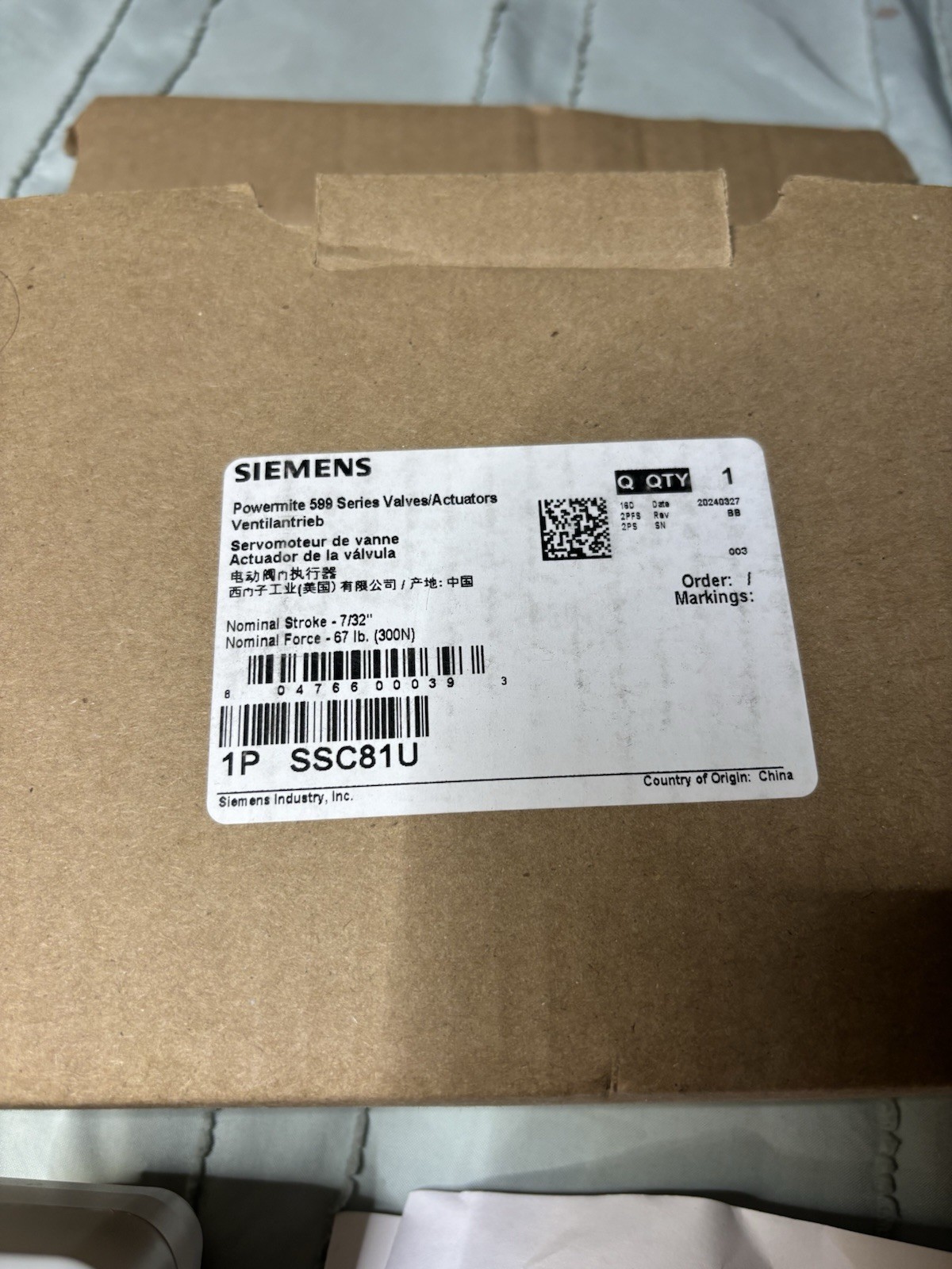 Siemens SSC81.5U 3 Position Floating Spring Return Fail-Safe 24V Valve Actuator
